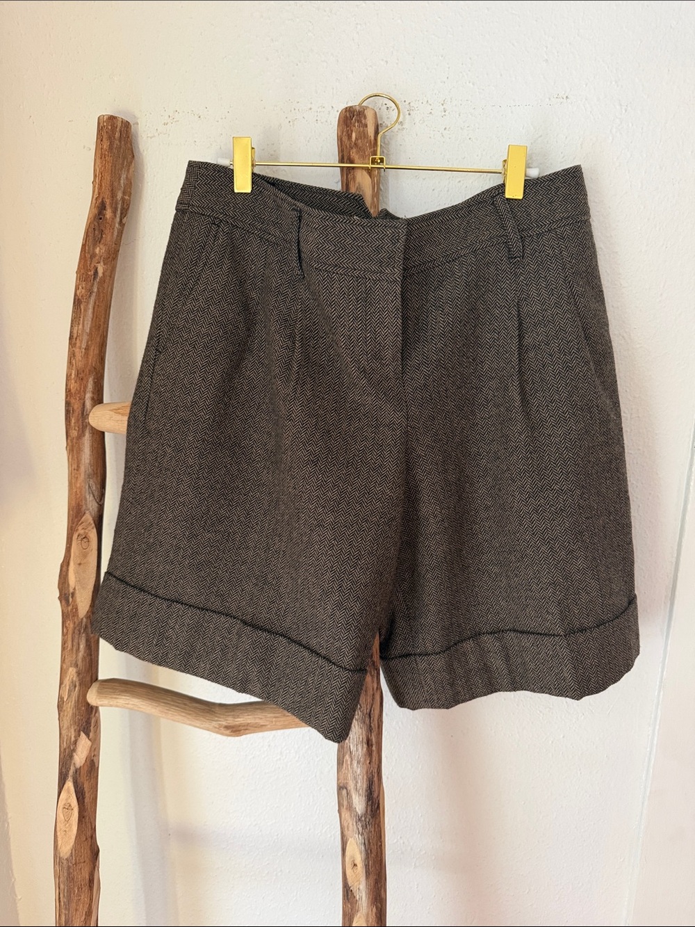 LOFT Brown Tan Herringbone High-Waist Wool Blend Tweed Cuffed Tailored Shorts 10